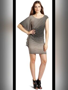 ELLA MOSS Asymmetric Flutter Stripe DRESS Medium M 6-8 black beige Anthropologie